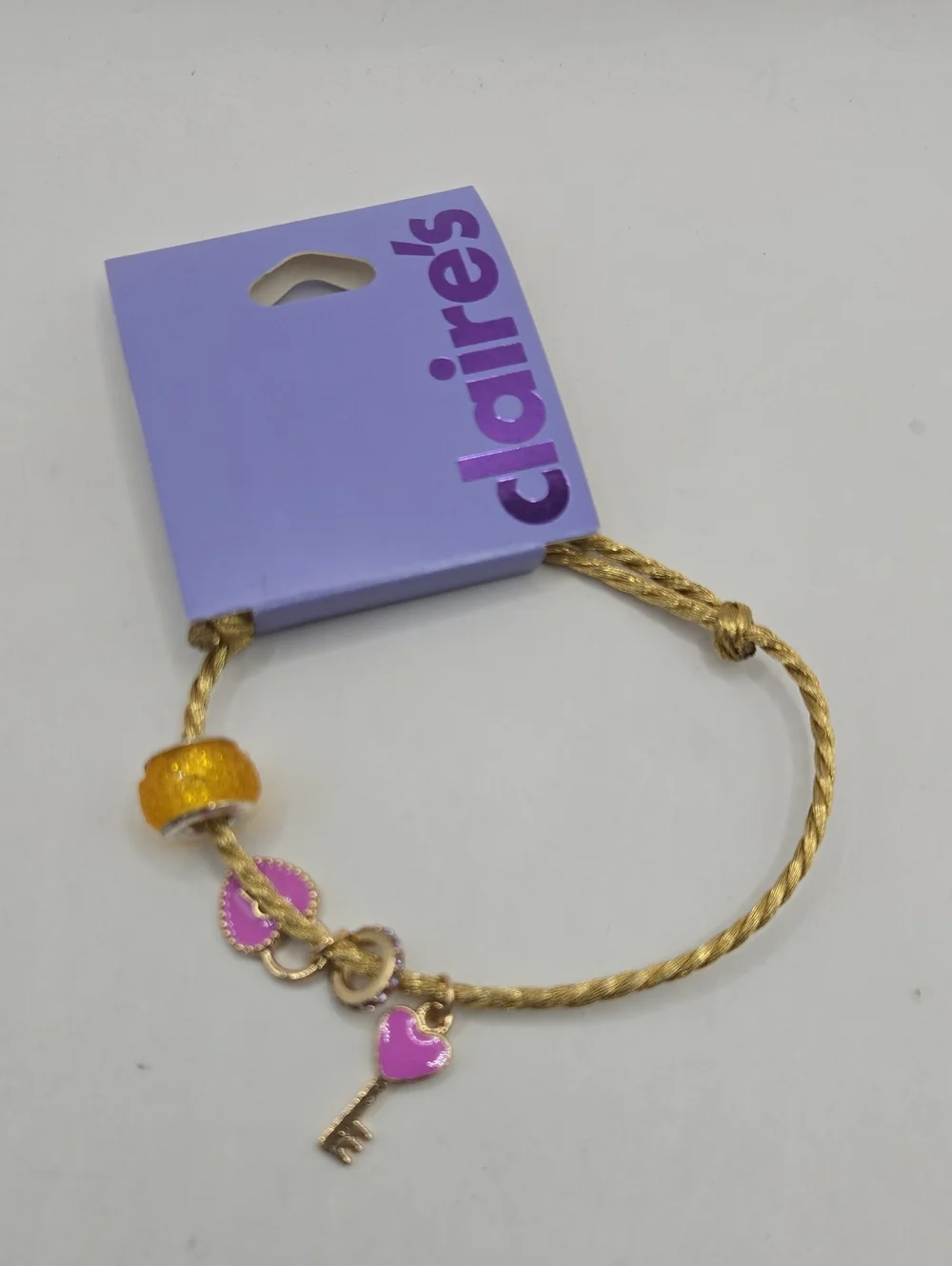NEW Claire's Gold Braided Charm Wristlet with Pink Heart and Key